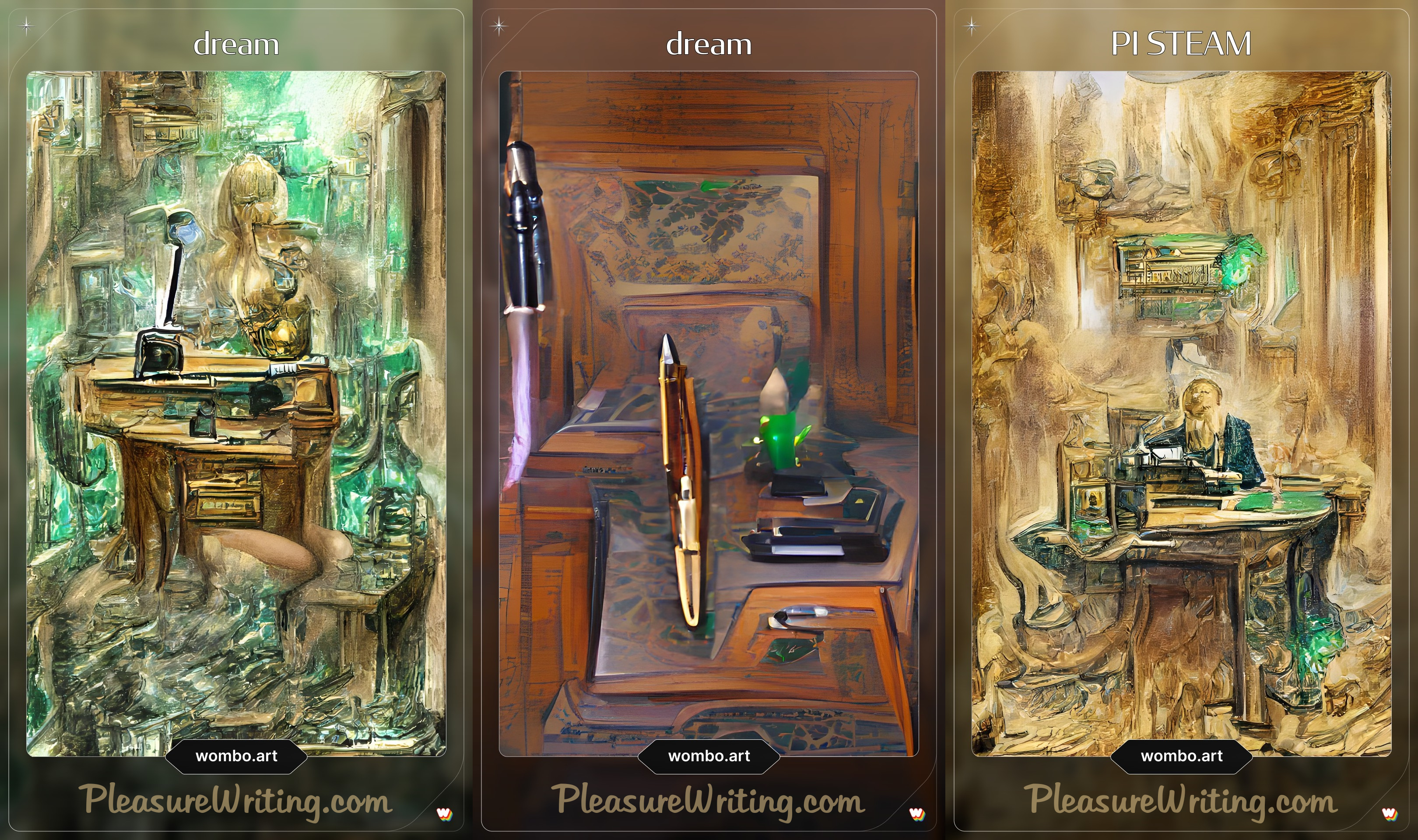 triptych featuring AI-generated Steampunk art and office supply secret desk & study vision boards with Cthulhu-esque character