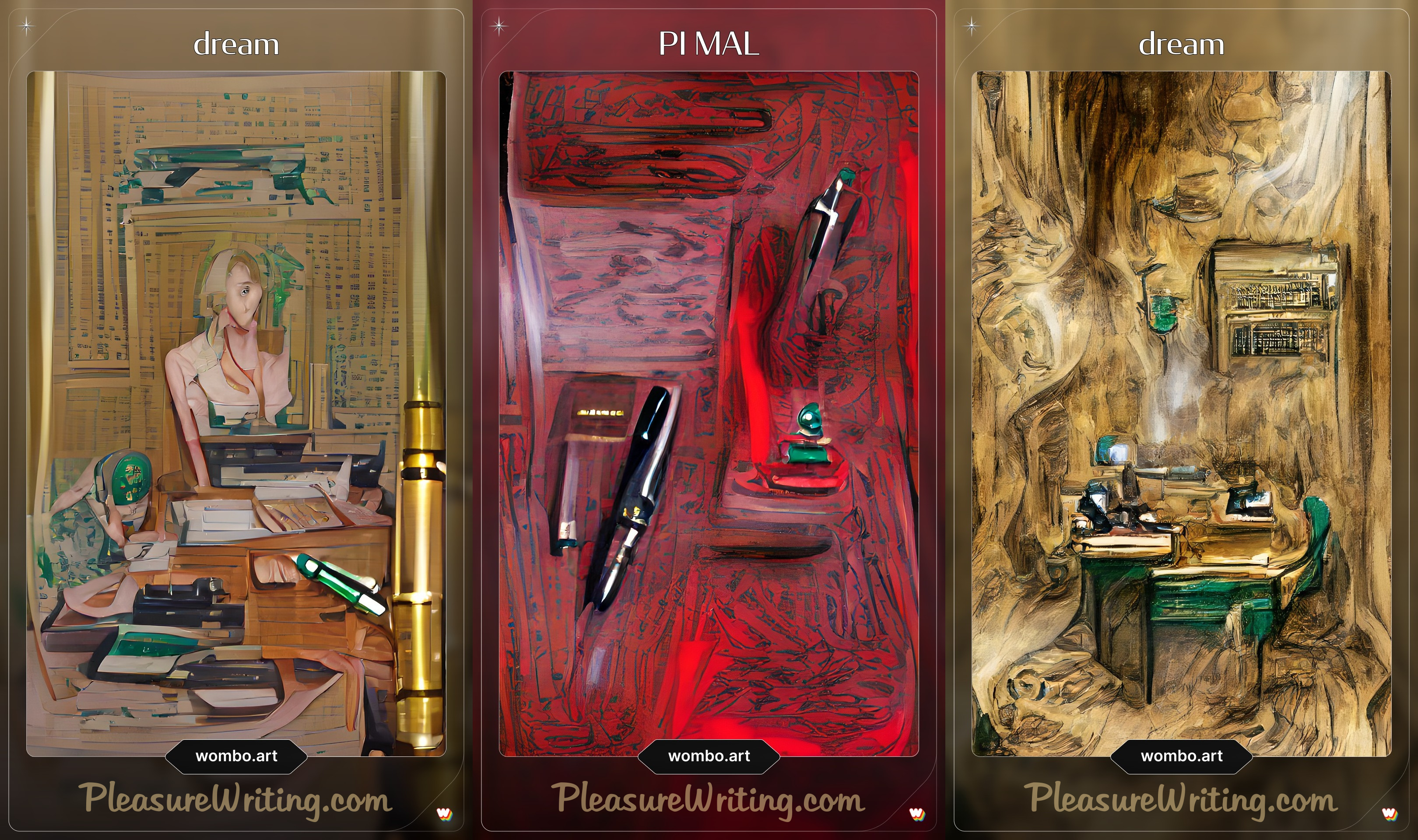 trippy triptych depicts dreamy desk and pleasure writing visions including blonde in flimsy white blouse in gilded office with dwarven stenographer hunched over work next to her and various and sundry writing instruments, tablets, papers, trinkets and emerald accents strewn about the rooms and tabletops